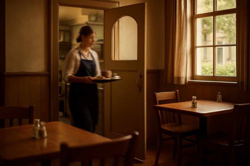 Swinging kitchen door scene