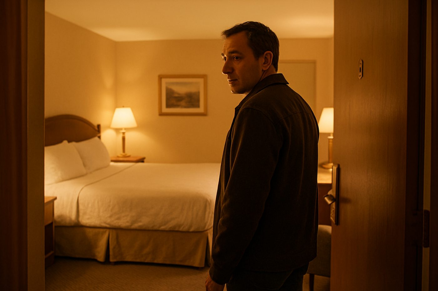 person in hotel room doorway