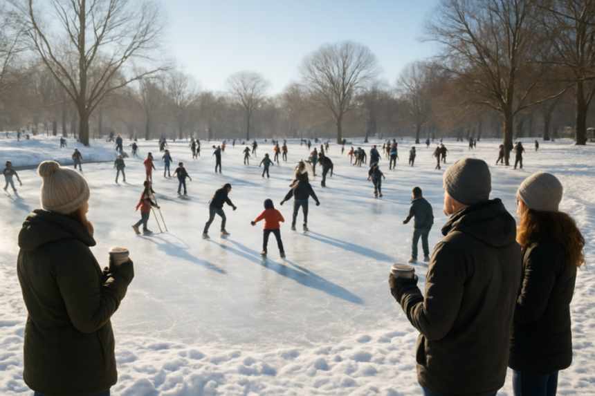 frozen pond with skating children