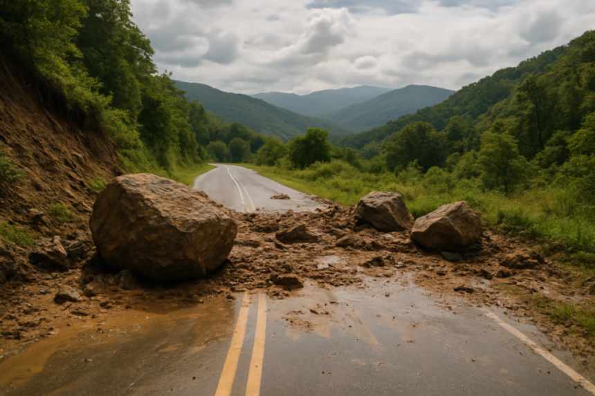 landslide blocking mountain road