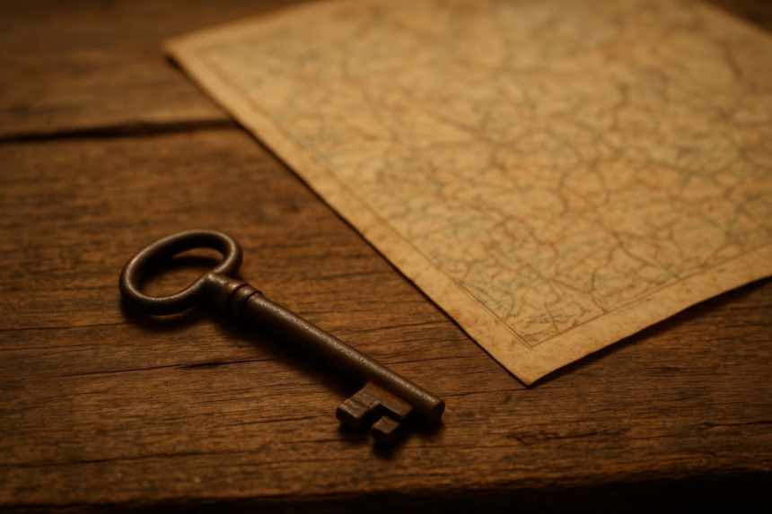 Rustic cabin key and map