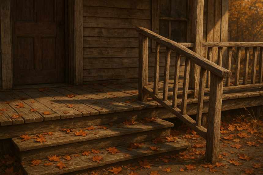 Crooked wooden cabin porch