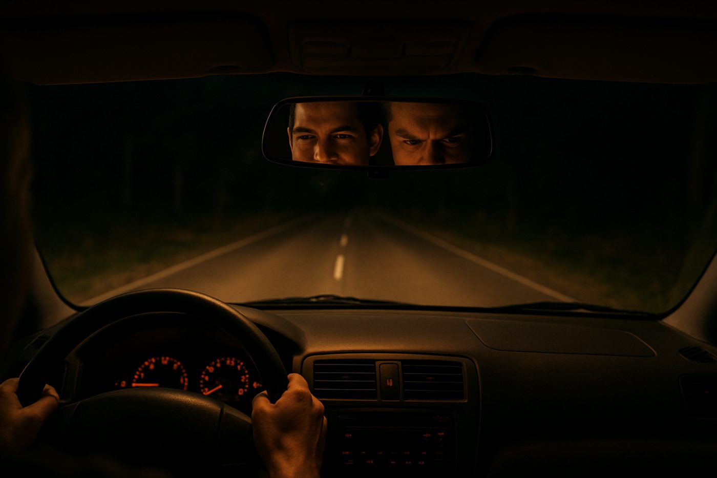 rearview mirror with creepy hitchhiker