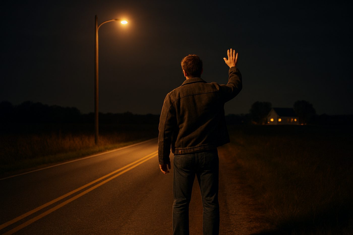 hitchhiker waving on empty road
