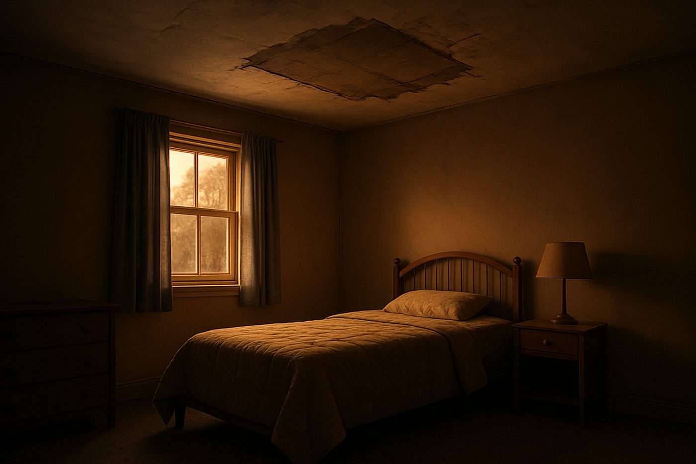 Child’s bedroom under patched ceiling