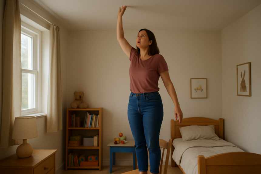 Adult inspecting smooth ceiling