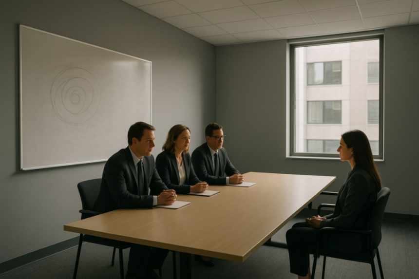 Grey interview room with spiral doodble
