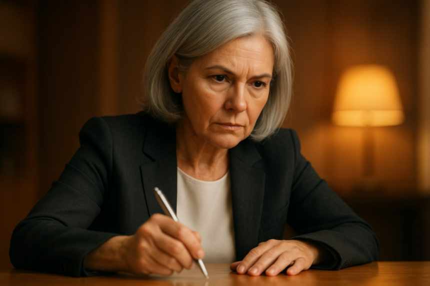 Silver-haired woman tapping pen