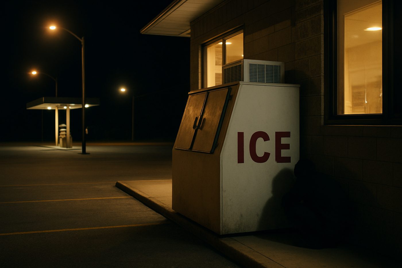 man crouched by ice machine