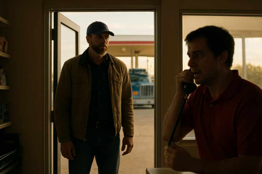 trucker guarding gas station door