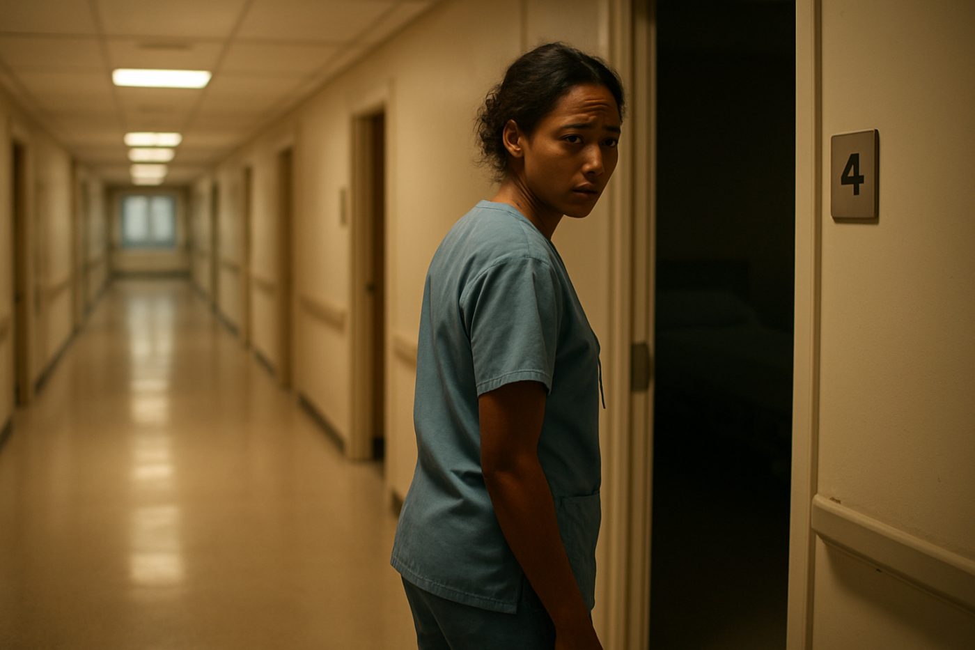 Hospital aide by open door