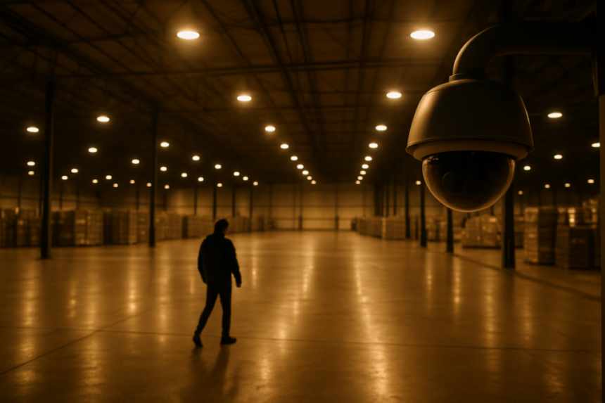 Warehouse floor with tracking camera
