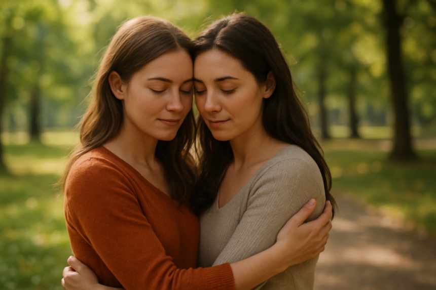 Reunited sisters embracing outdoors