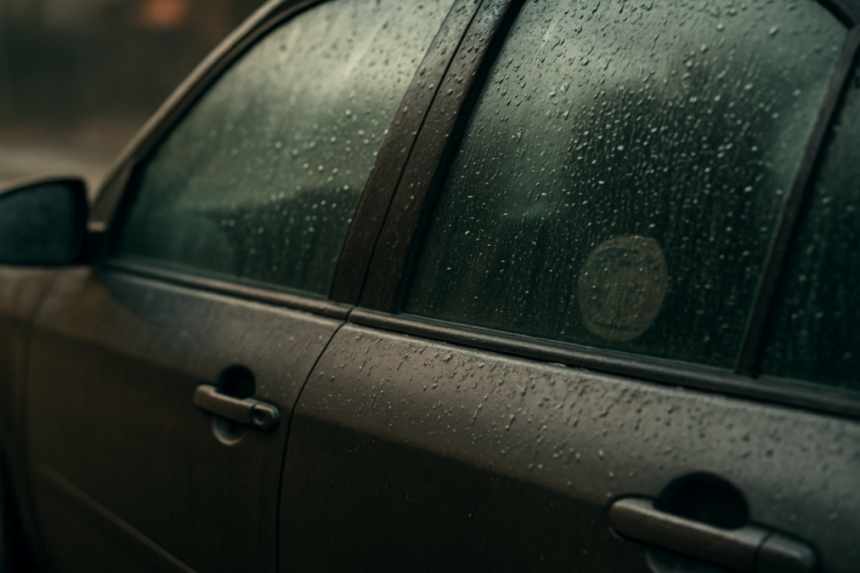 Car door with rain droplets
