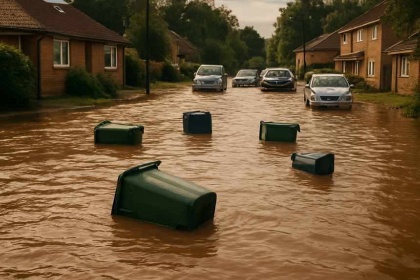 Flooded street with bins and cars
