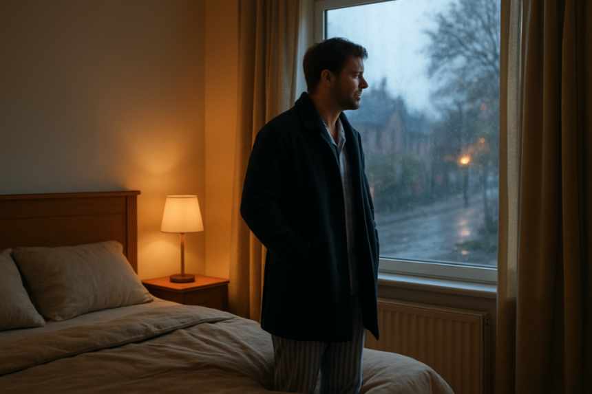 Man in pajamas by window
