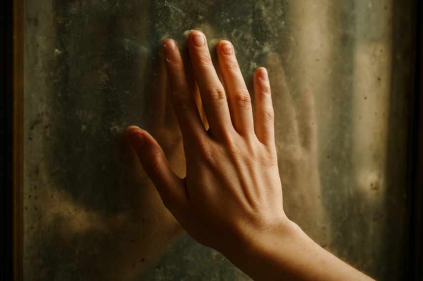 Hand on old mirror glass
