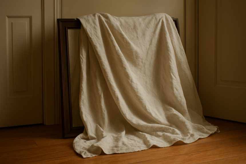 Mirror covered with bed sheet