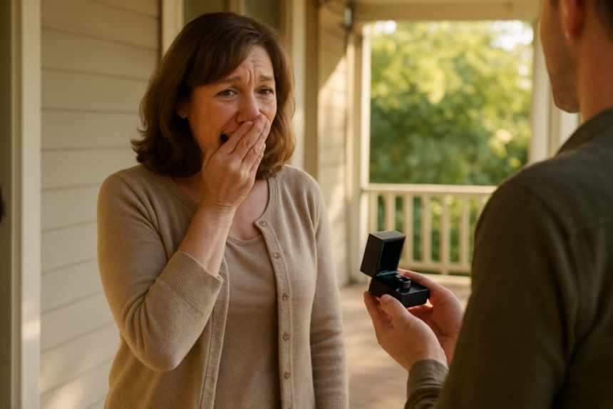woman on porch surprised