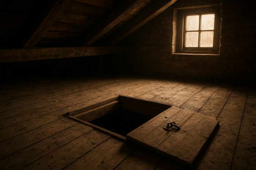 Haunted attic crawl space interior