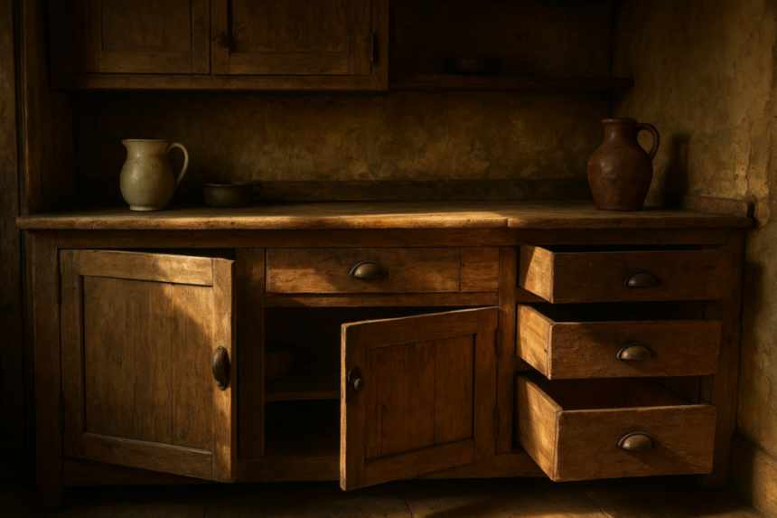 Open cabinet in haunted kitchen