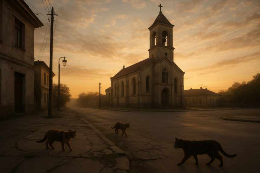 Haunted street with empty church
