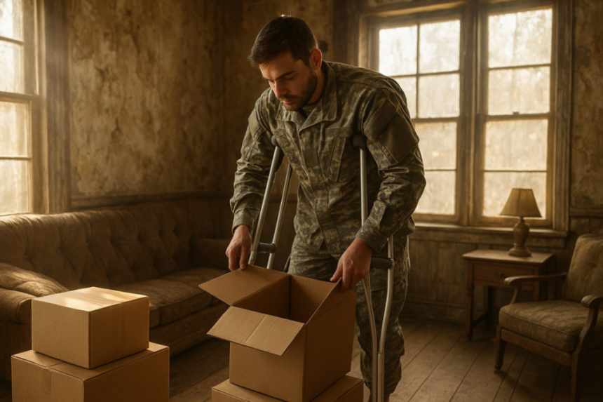 Soldier in old cottage interior