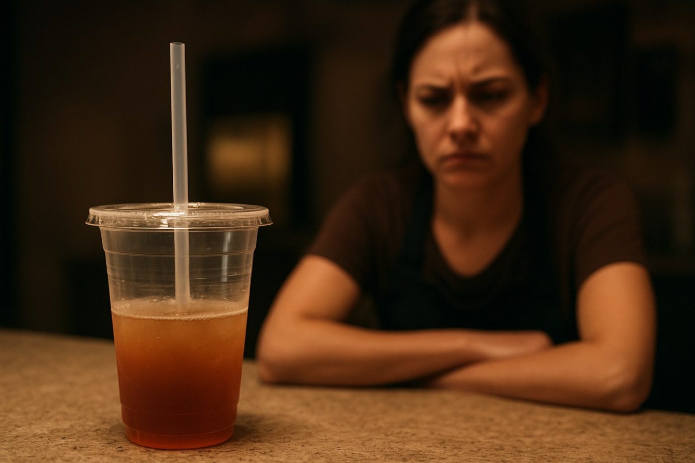 Half-filled drink with straw