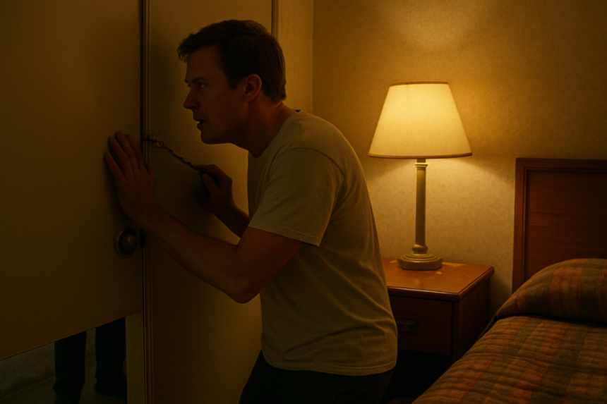 motel guest checking peephole