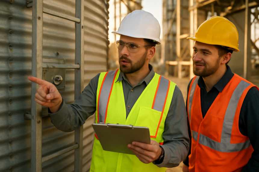 safety-conscious worker at grain bin