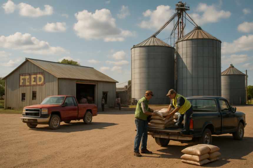 small-town feed mill yard scene