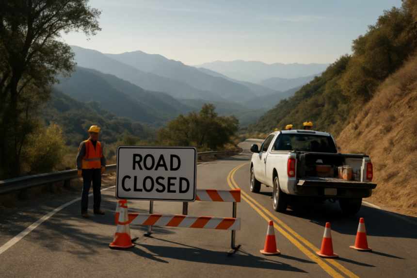 closed mountain road with workers