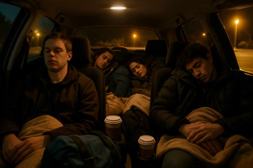 roommates sleeping in car rest area