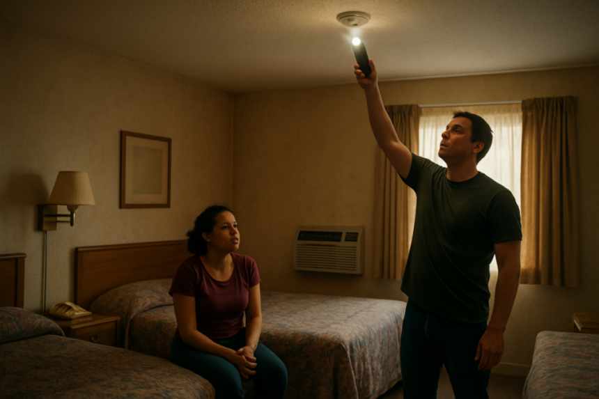 roommates inspecting motel smoke detector