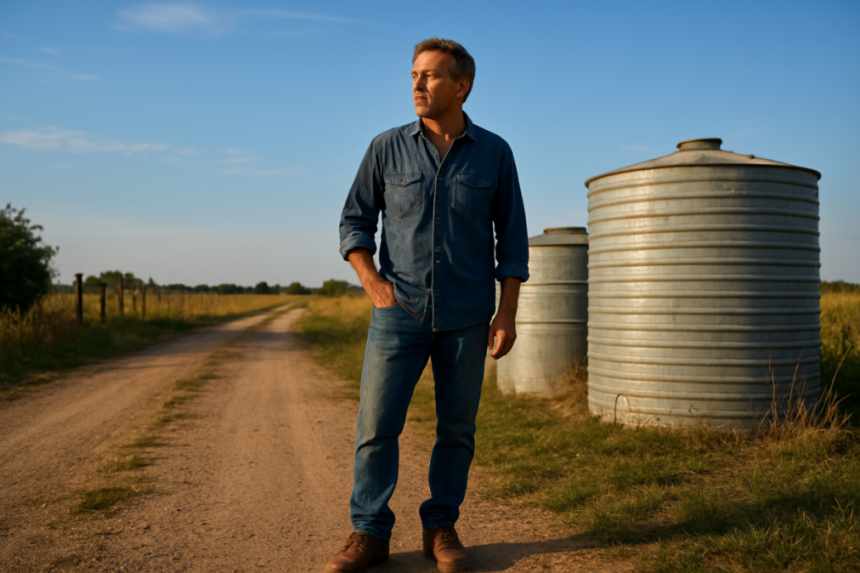 man near water tanks