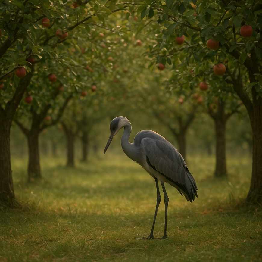 Heron-like figure in orchard