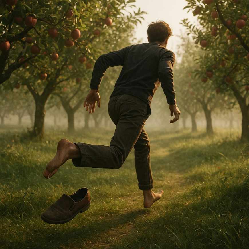 Person running barefoot from orchard