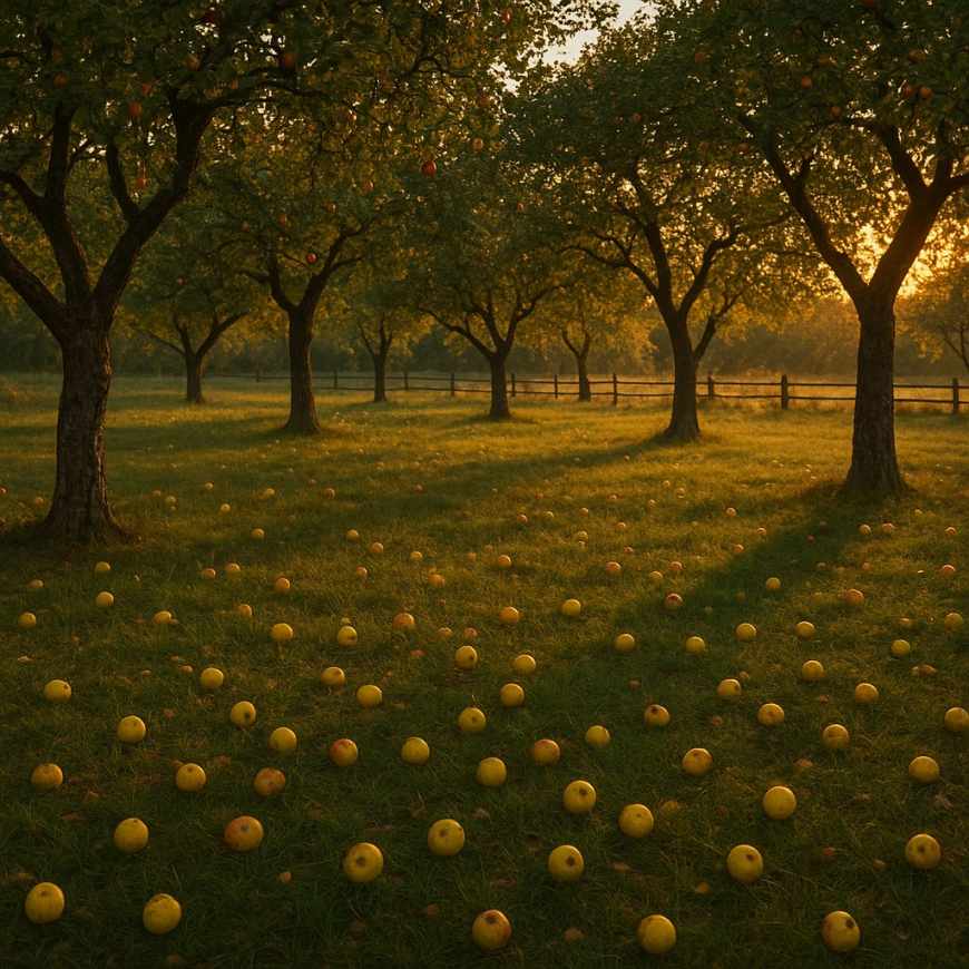 Autumn orchard with fallen apples