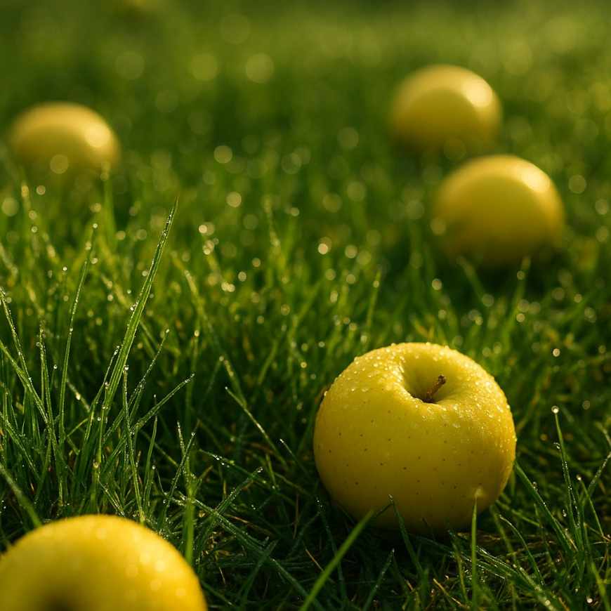 Dewy orchard apples and grass