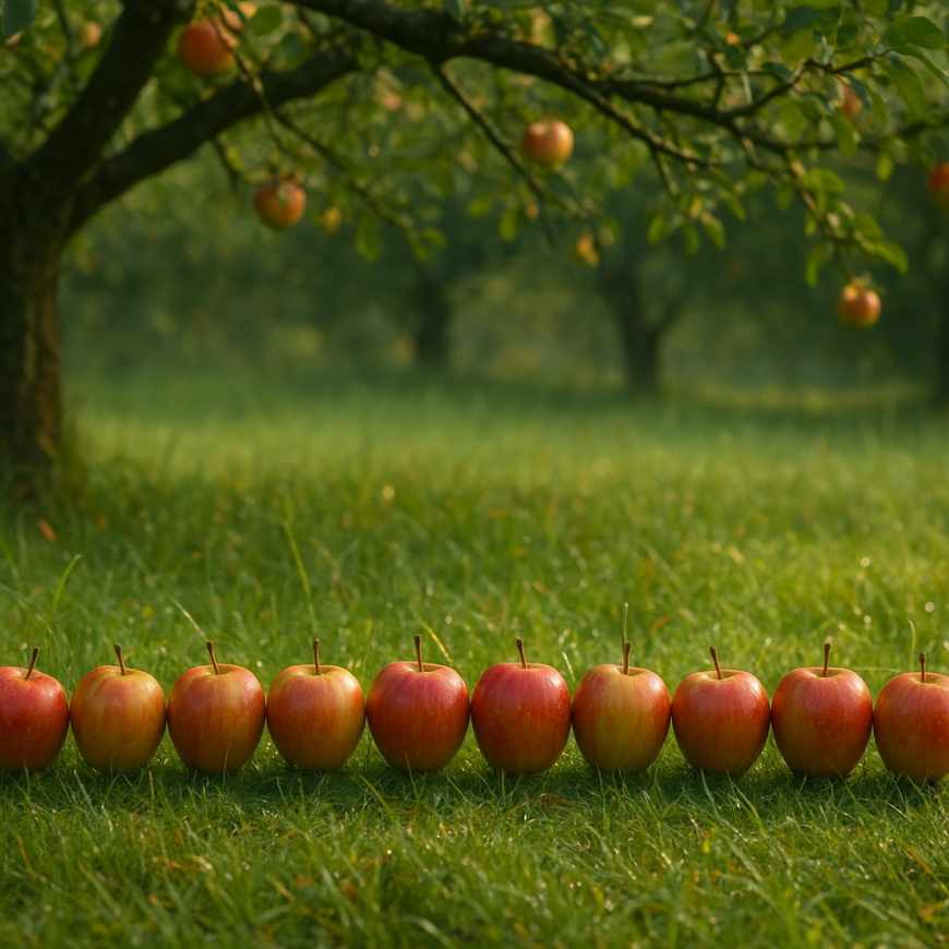 Apples standing upright in grass