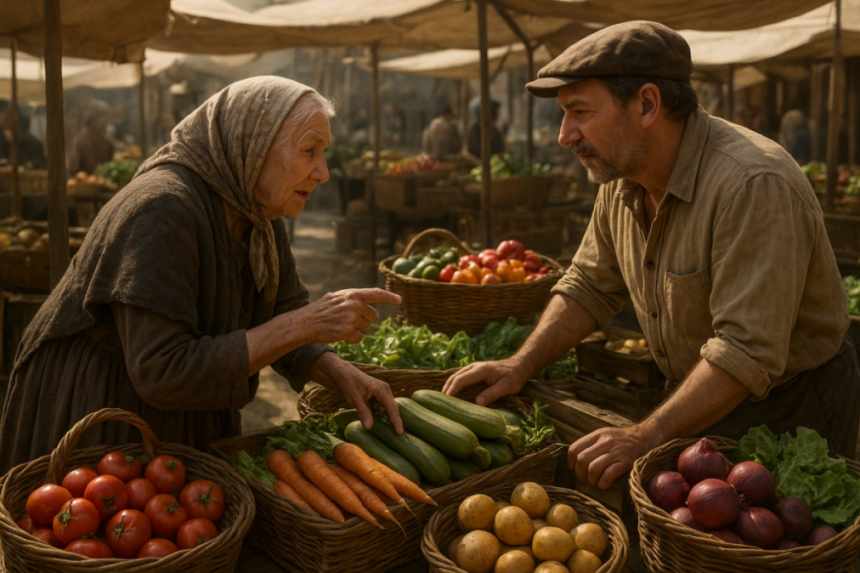 Grandmother bargaining at market