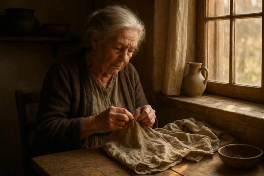 Grandmother mending clothes indoors