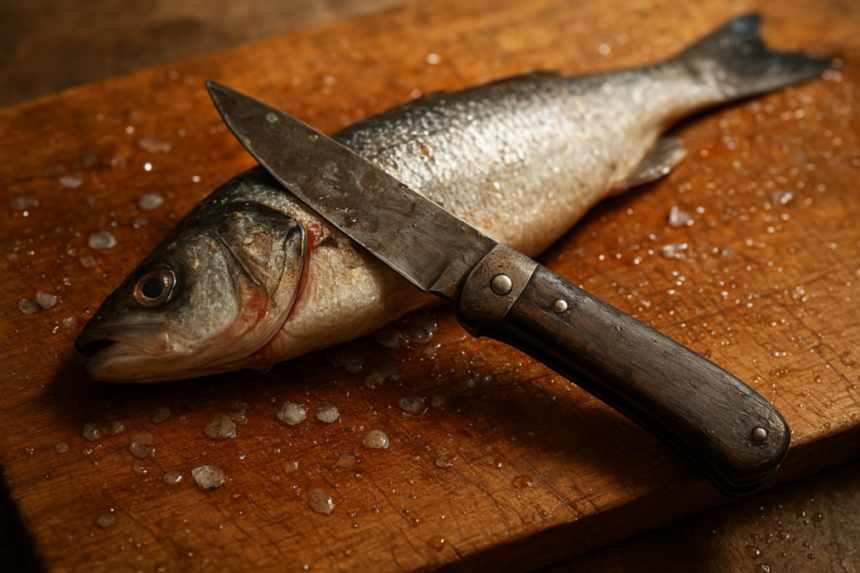 Knife gutting fish close-up