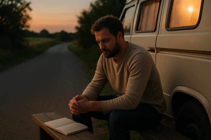 thoughtful camper owner outdoors