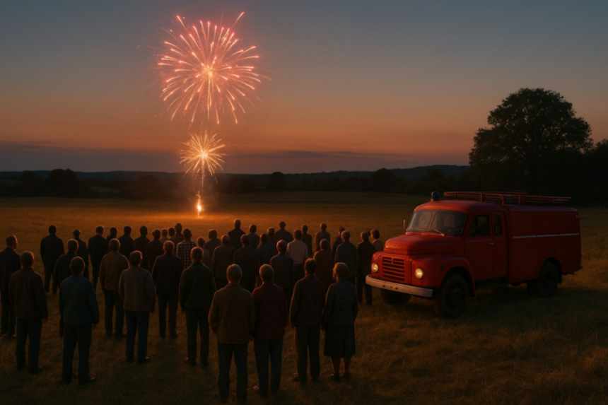 Village crowd watching fireworks