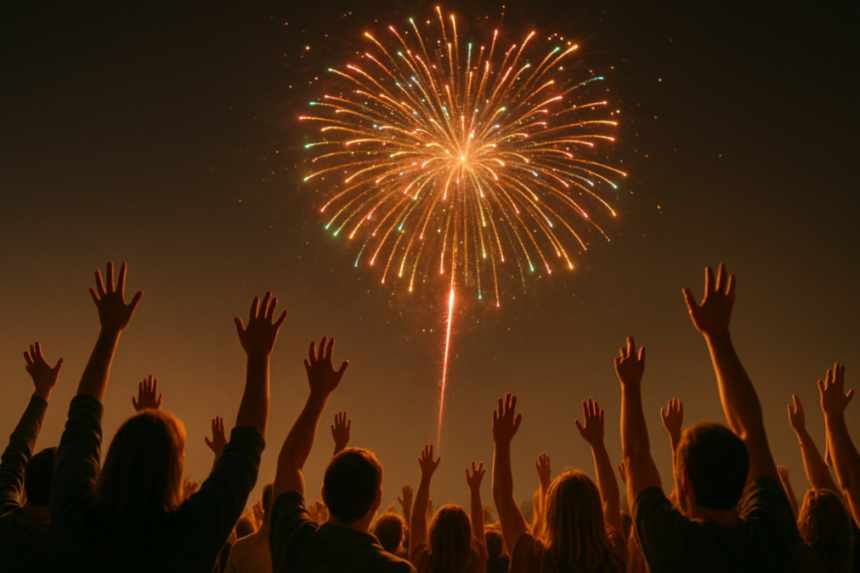 Fireworks exploding above crowd
