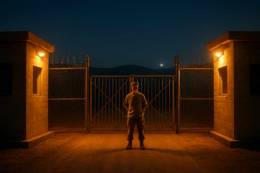 military perimeter gate at night