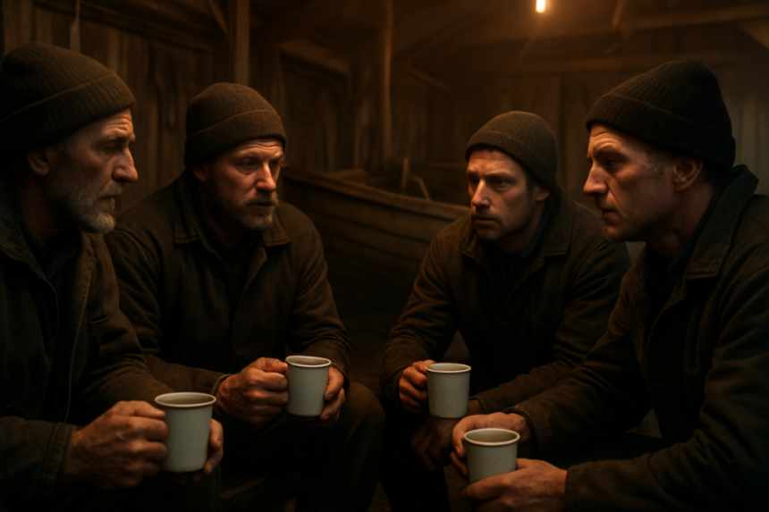 Fishermen in boat shed