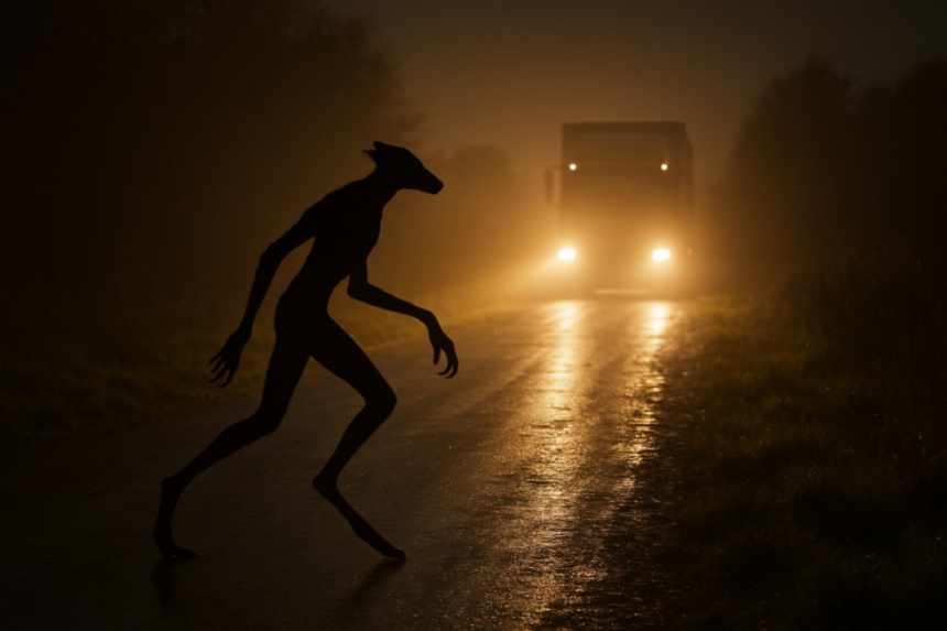 Tall bipedal figure running