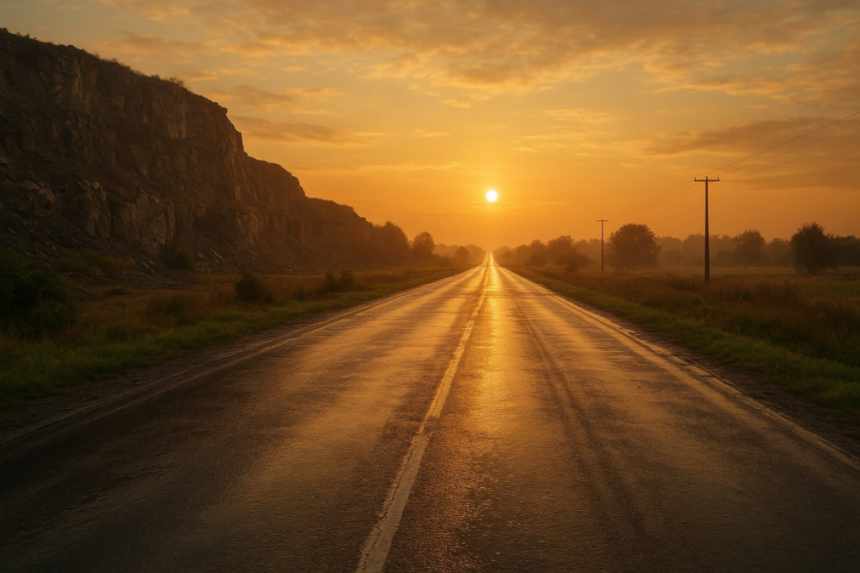 Deserted quarry road dawn